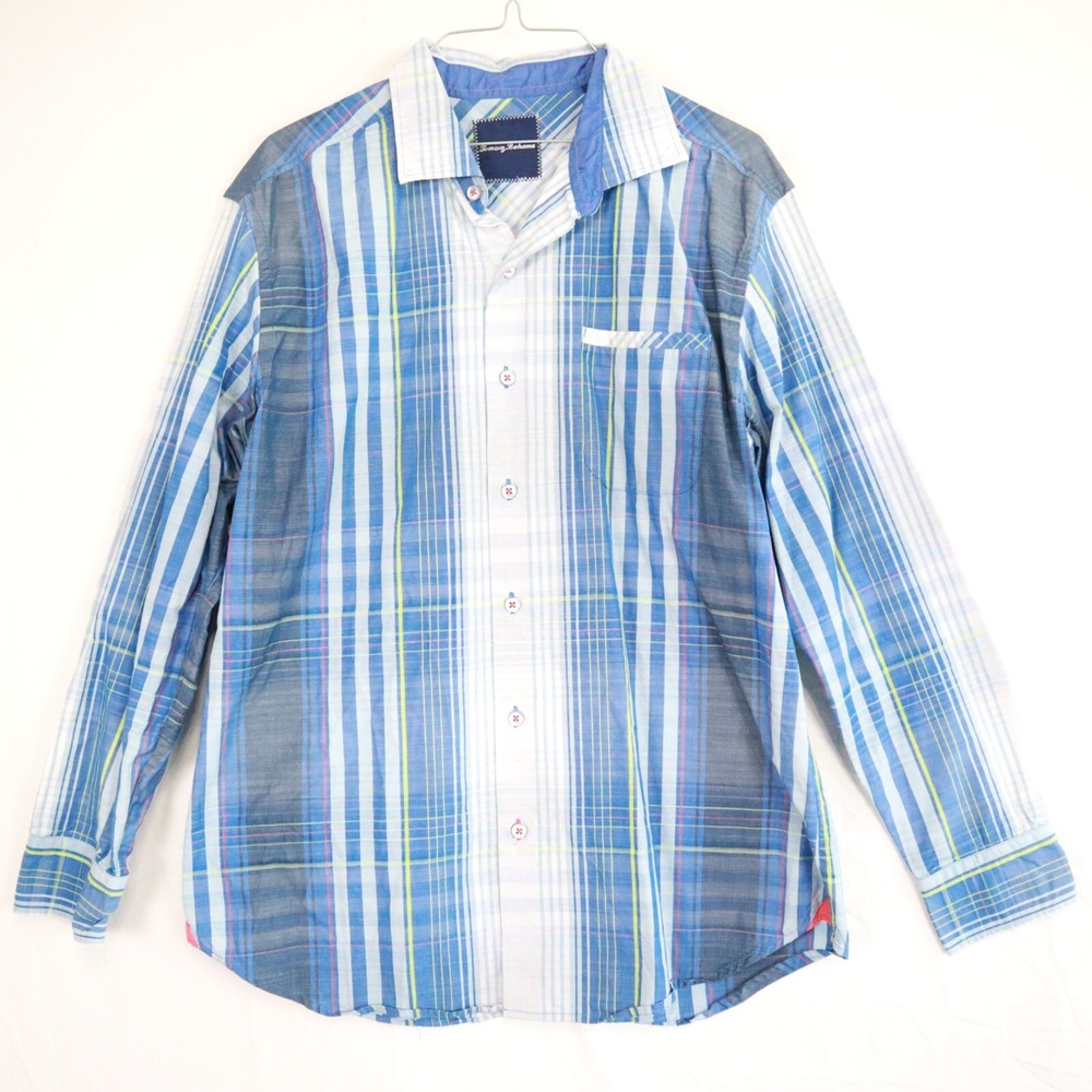 Tommy Bahama Shirt Mens Medium Casual Pocket Button Up Blue Plaid Long Sleeve